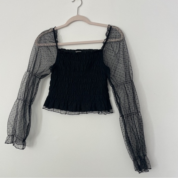 Boutique Tops - Black Sheer Swiss Dot Puff Long Sleeve Smocked Crop Top Small
